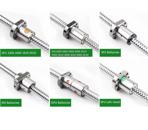 Comparison of various ball screw models including SFU 16mm Anti Backlash Ball Screw Kit SFU1605 RM1605 400mm with 5mm pitch for CNC machines.