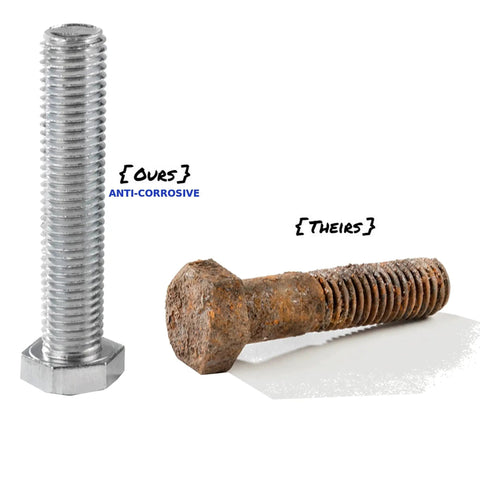Comparison of anti-corrosive bolt in Four Piece Alignment Caster And Camber Kit For GM Trucks And SUVs with rusty bolt