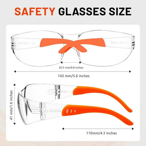 Anti Fog ANSI Z87.1 Safety Glasses For Construction And Woodworking Unisex with size dimensions and orange silicone temples.