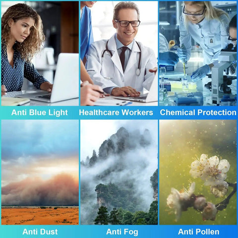 Collage of scenes illustrating blue light protection, healthcare workers, chemical safety, dust, fog, and pollen environments.