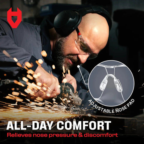 Worker using grinding tool wearing Anti Fog Clear Safety Glasses With Wraparound Lenses And ANSI Z87 Certification