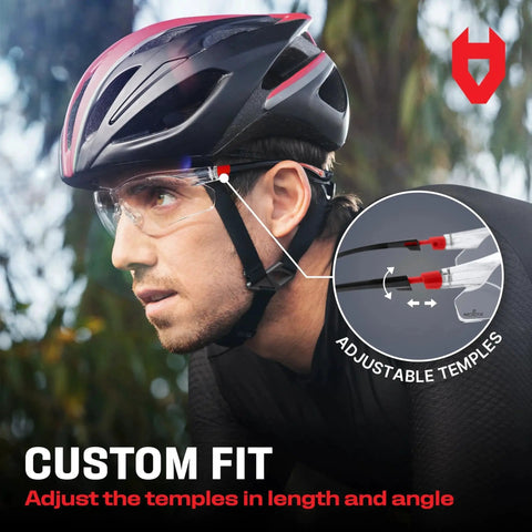 Cyclist wearing Anti Fog Clear Safety Glasses With Wraparound Lenses And ANSI Z87 Certification, custom fit with adjustable temples.