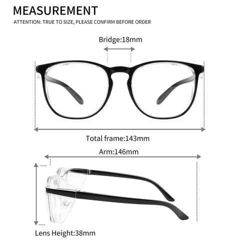 Anti Fog Safety Glasses TR90 Frame With UV 99 Percent And Blue Light Blocking measurements with total frame 143mm