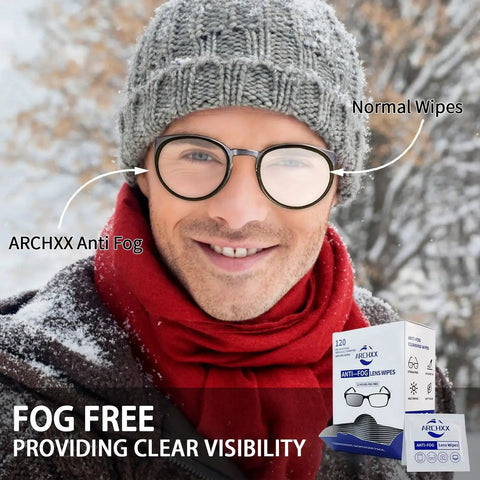 Smiling person demonstrating Anti Fog Glasses Wipes Pack 120 PreMoistened Lens Cleaner For Glasses Sunglasses in snowy weather