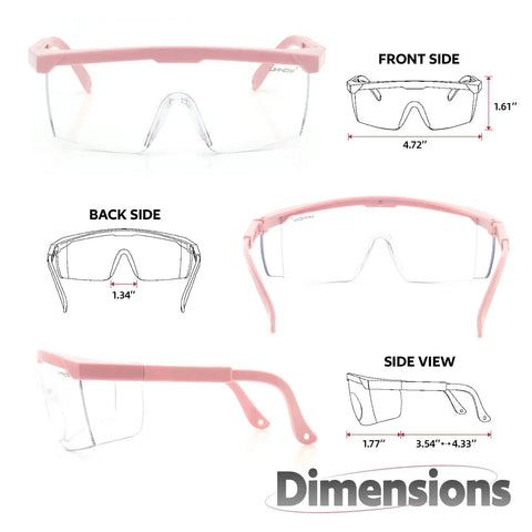 Anti Fog Safety Goggles 2 Pack With Adjustable Temples And Clear Lens ANSI Z87.1 shown with dimensions.