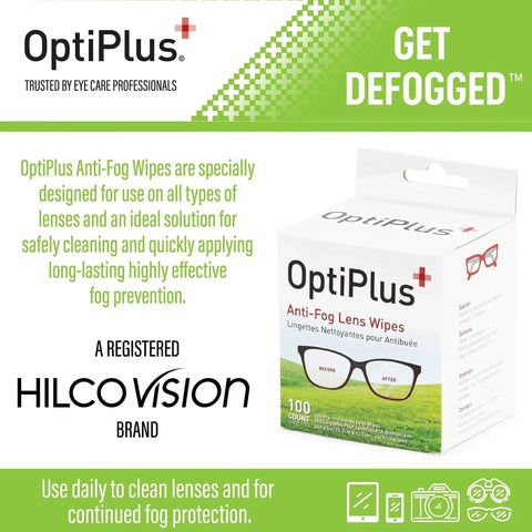 Packaging of OptiPlus Anti Fog Pre Moistened Wipes For Glasses And Screens Scratch Free 100 Count