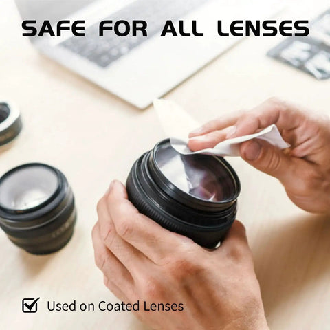 Person using anti fog lens wipes on camera lens, safe for coated lenses, Anti Fog Lens Wipes For Glasses And Sunglasses And Screens 240 Count