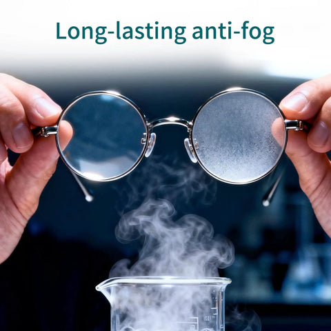 Glasses held above steam with one lens clear and one foggy, demonstrating Large Anti-Fog Lens Wipes 12x12cm effectiveness.