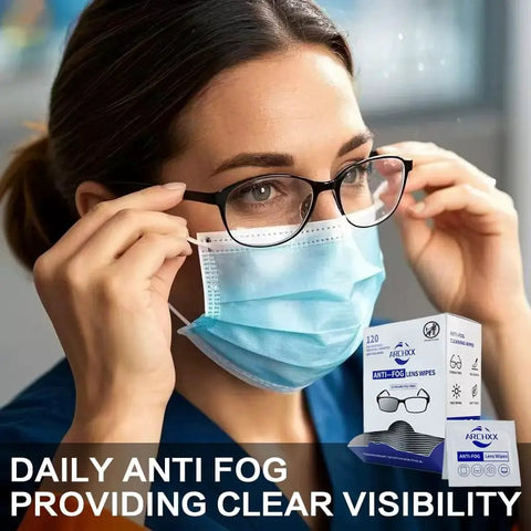 Woman wearing glasses and face mask using Anti Fog Lens Wipes For Glasses And Sunglasses And Screens 240 Count with packaging visible