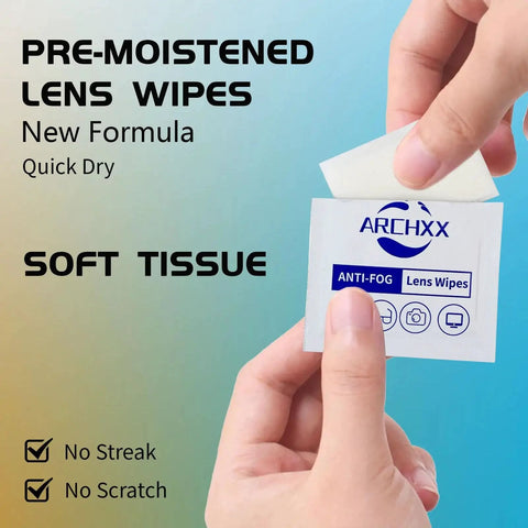 Hand holding a packet of Anti Fog Lens Wipes For Glasses And Sunglasses And Screens 240 Count, labeled soft tissue and anti-fog.