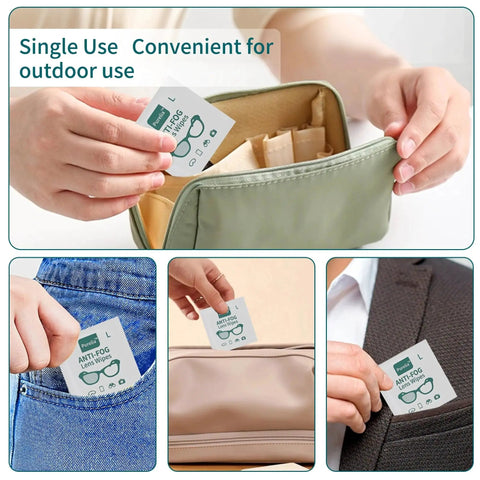Person placing Large Anti-Fog Lens Wipes 12x12cm, 100 Count, Individually Wrapped for Glasses in pockets and a bag.