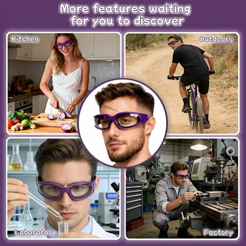 Collage image showing uses of Anti Fog Onion Goggles With Ultra Light Frame For Tear Free Cooking Purple in various settings.