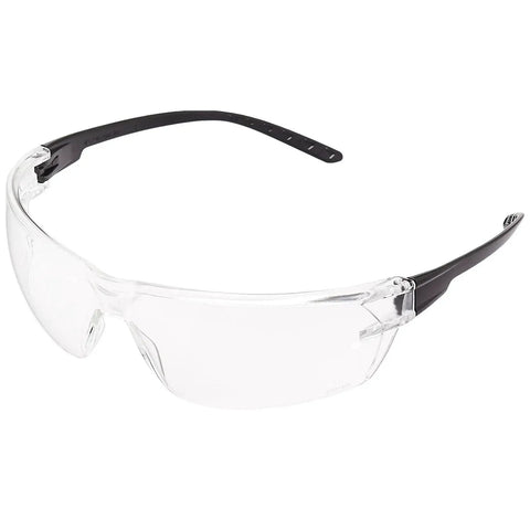 Anti Fog Safety Glasses 12 Pack With UV Protection And Scratch Resistant Lenses, clear frame, black arms, side view.