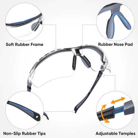 Anti-Fog Safety Glasses With UV Protection And Adjustable Arms ANSI Z87.1 featuring soft rubber frame and non-slip rubber tips