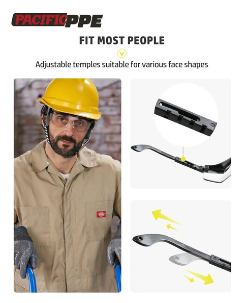 Man wearing hard hat and 2 Pack Anti Fog Safety Glasses For Men And Women With ANSI Z87 UV Protection, adjustable temples shown
