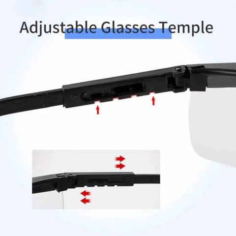 Close-up of adjustable temple on Anti Fog Safety Glasses Clear Goggles Over Spec Protective Eyewear Vision 4 Pack
