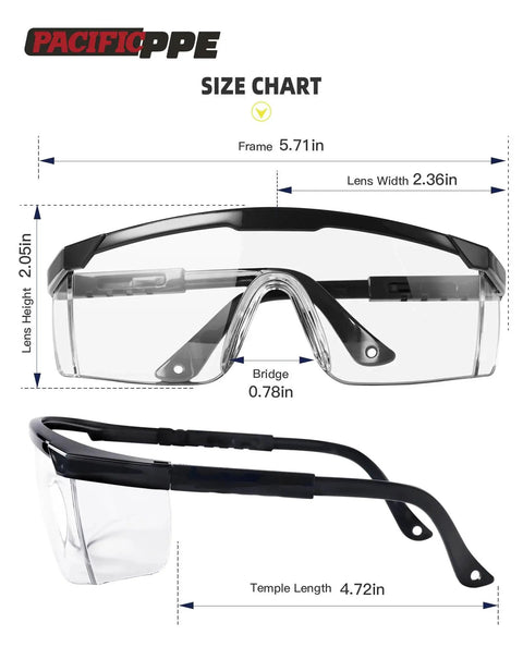 2 Pack Anti Fog Safety Glasses For Men And Women With ANSI Z87 UV Protection, detailed size chart with frame and lens dimensions