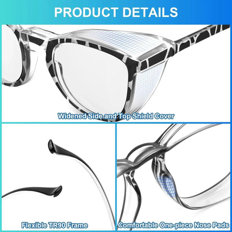 Close-up of Anti Fog Safety Glasses With Blue Light Blocking UV Protection For Women 3 Pack, highlighting widened side and top shield, TR90 frame, and one-piece nose pads.