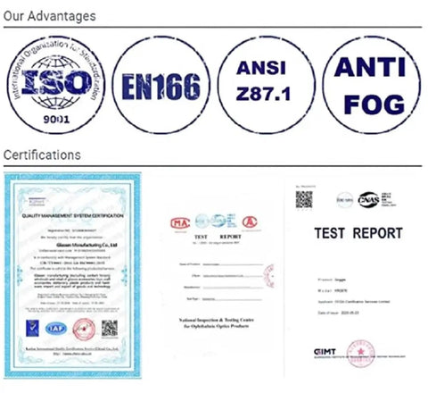 Certificates showing ISO, EN166, ANSI Z87.1, and anti-fog standards for Anti Fog Safety Glasses Wide Eye Shield ANSI Z87.1 EN 166 UV Protected 2 Pack.