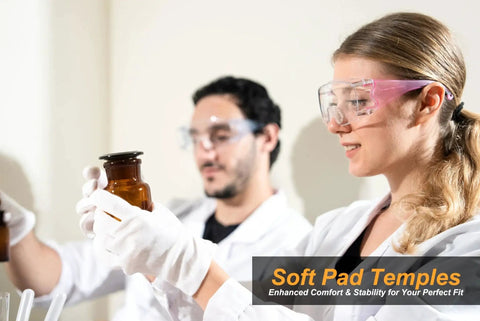Laboratory scientists wearing Anti Fog Safety Glasses for Men and Women with Clear Lenses and Non Slip Shields, examining samples.