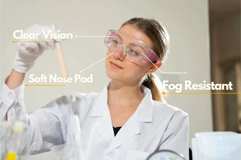 Scientist wearing Anti Fog Safety Glasses for Men and Women with Clear Lenses and Non Slip Shields in a lab setting.