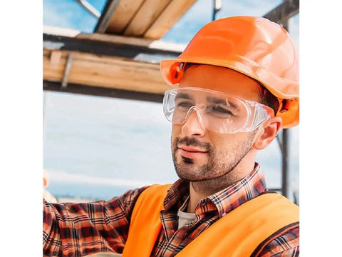 Worker wearing Anti Fog Safety Glasses Wide Eye Shield ANSI Z87.1 EN 166 UV Protected 2 Pack on construction site