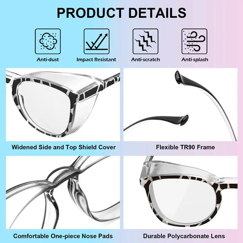 4 Pack Anti Fog Safety Glasses With Blue Light Blocking Lenses For Women Men showing design features like polycarbonate lenses and TR90 frame