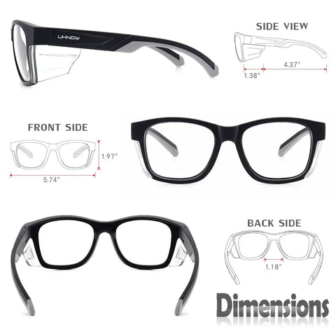 Safety Glasses With Anti Fog Lenses And Shields ANSI Z87 1 UV Protection showing front, side, and back views with dimensions