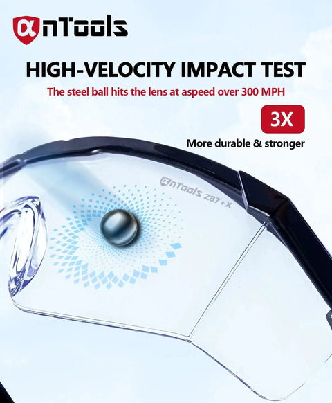 Impact test on Anti Fog Safety Glasses With Adjustable Temples ANSI Z87 Plus Clear Eyewear, showing durability with steel ball impact.
