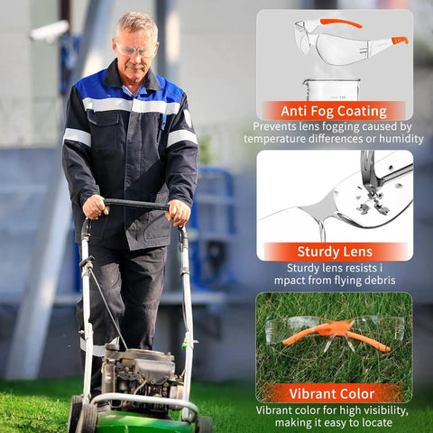 Man mowing lawn wearing Anti Fog ANSI Z87.1 Safety Glasses for Construction and Woodworking, showcasing features: anti-fog, sturdy lens, vibrant color.