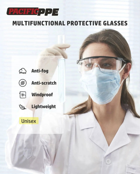 Scientist wearing 2 Pack Anti Fog Safety Glasses For Men And Women With ANSI Z87 UV Protection, holding test tube in lab.