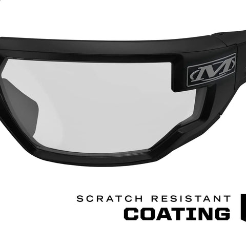 Close-up of Anti Fog Clear Lens Safety Glasses with Ventilated Temples and Scratch Resistant coating detail