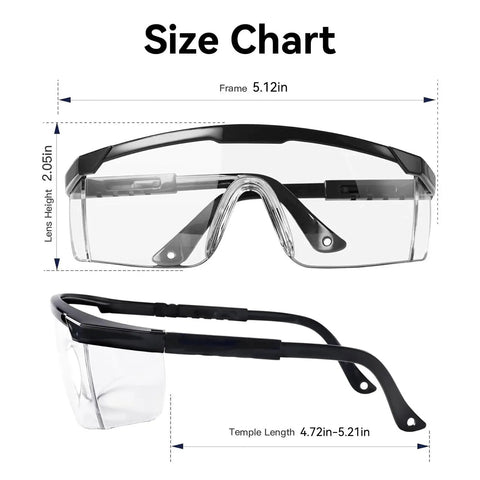 Anti Fog Safety Glasses With Clear Wraparound Lenses For Lab Work And DIY Projects size chart and dimensions
