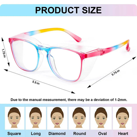 Three Pack Anti Fog Safety Glasses ANSI Z87 High Impact Blue Light Lenses with size guide, rainbow-colored frames and clear lenses.