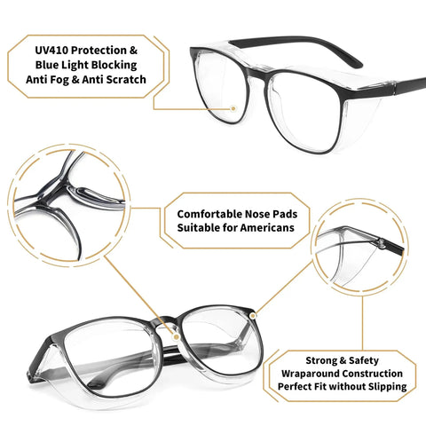 Anti Fog Safety Glasses TR90 Frame With UV 99 Percent And Blue Light Blocking, showing comfortable nose pads and wraparound design