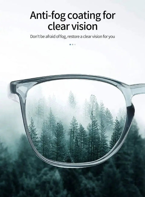 Anti Fog Safety Glasses TR90 Frame With UV 99 Percent And Blue Light Blocking in forest background emphasizing anti-fog feature.