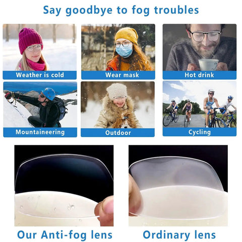 Comparative image of anti-fog lenses versus ordinary lenses in various activities like cycling and mountaineering, showing fog-free vision.