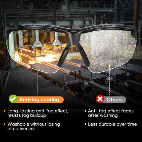 Comparison of Anti-Fog Safety Glasses With UV Protection And Adjustable Arms ANSI Z87.1 in industrial setting