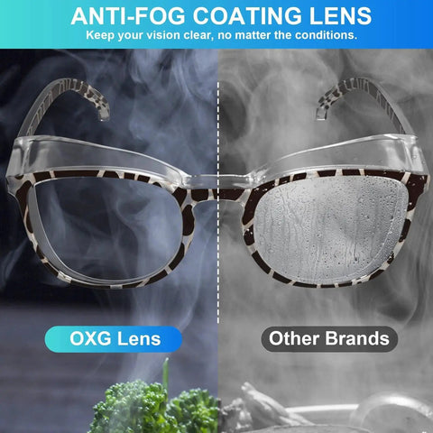 Comparison of Anti Fog Safety Glasses With Blue Light Blocking UV Protection For Women 3 Pack showing anti-fog vs fogged lenses