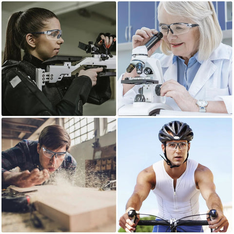 Various people wearing Anti-Fog Safety Glasses With UV Protection And Adjustable Arms ANSI Z87.1 in different work settings.