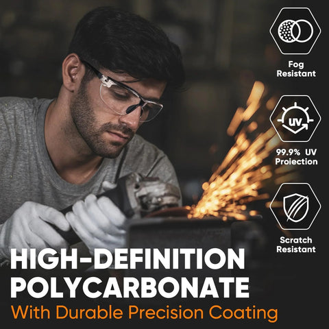 Man using grinder while wearing Anti-Fog Safety Glasses With UV Protection And Adjustable Arms ANSI Z87.1