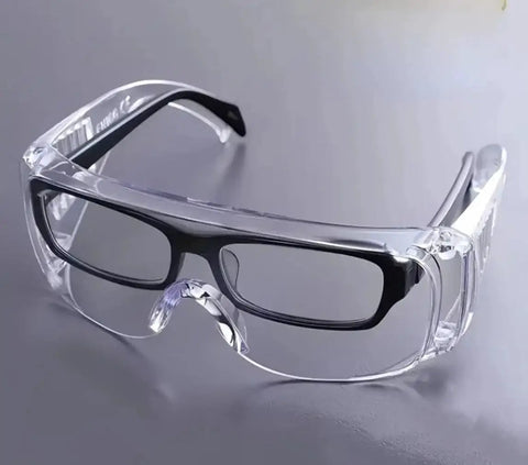 Anti Fog Safety Glasses Wide Eye Shield ANSI Z87.1 EN 166 UV Protected 2 Pack, clear polycarbonate with black trim.