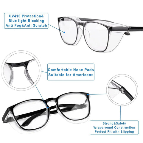 3 Pack Anti Fog Safety Glasses With Side Shields For Women Nurses showing close-up of nose pads and side view.