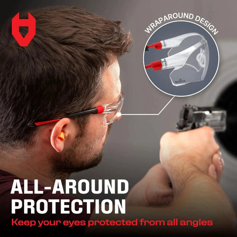Man wearing Anti Fog Clear Safety Glasses With Wraparound Lenses And ANSI Z87 Certification while shooting