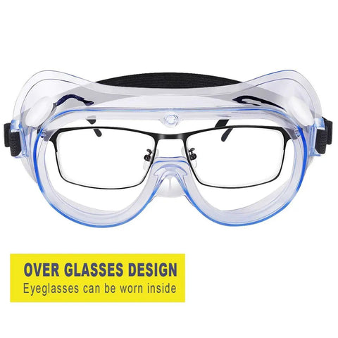 Front view of Two Pack Anti Fog Safety Goggles With Adjustable Fit And Lightweight Lenses, showing over-glasses design.