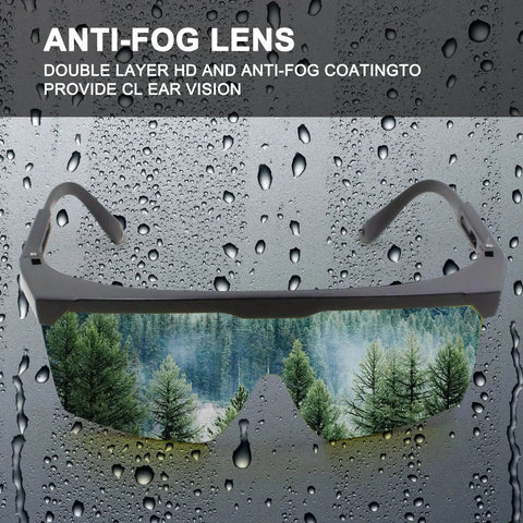 ANSI Z87.1 Anti Fog Safety Goggles with adjustable frames and polycarbonate lenses, highlighted against a water droplet background.