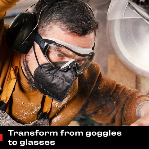 Man wearing Anti Fog Safety Goggles with Anti Scratch Coating and Adjustable Headband Z87.1 in a woodworking shop