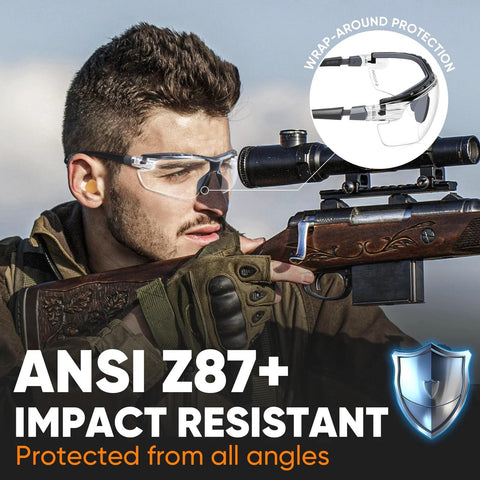 Anti-Fog Safety Glasses With UV Protection And Adjustable Arms ANSI Z87.1 worn during shooting for impact resistance.