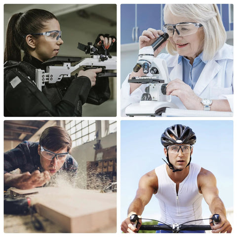 Various people wearing Anti-Fog Safety Glasses With UV Protection And Adjustable Arms ANSI Z87.1 in different work environments.