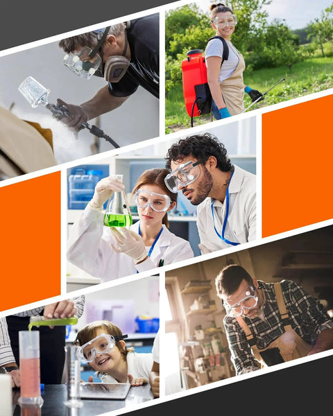 Adults and children wearing Anti-Fog Indirectly Vented Lab Goggles Over Glasses Wide Vision Splash-Proof in various settings